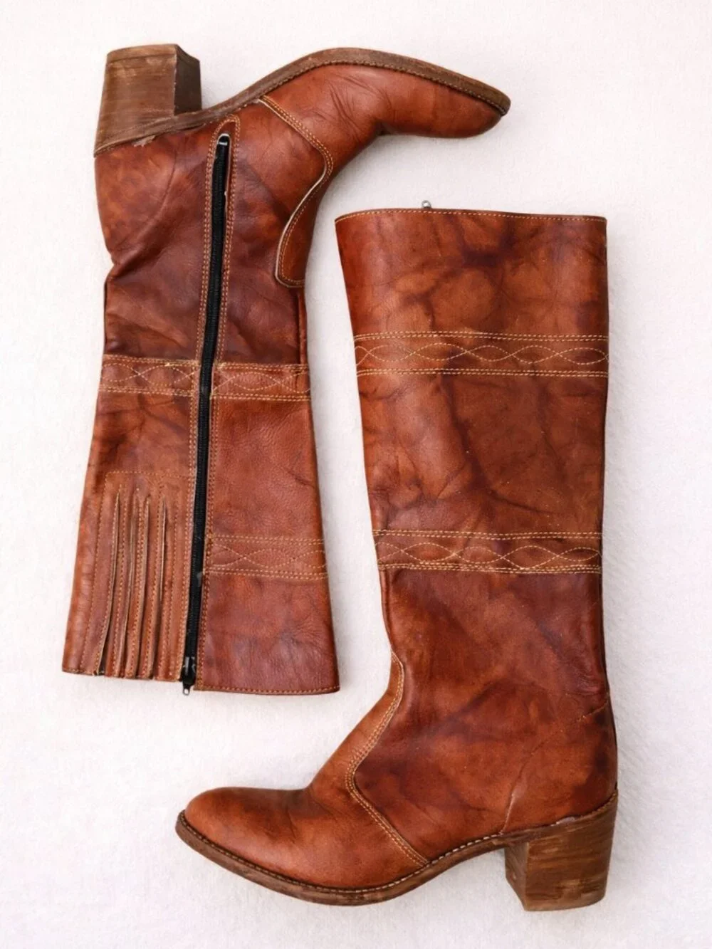 Vintage Brown Leather Knee High Boots Size 8 Side Zip Western